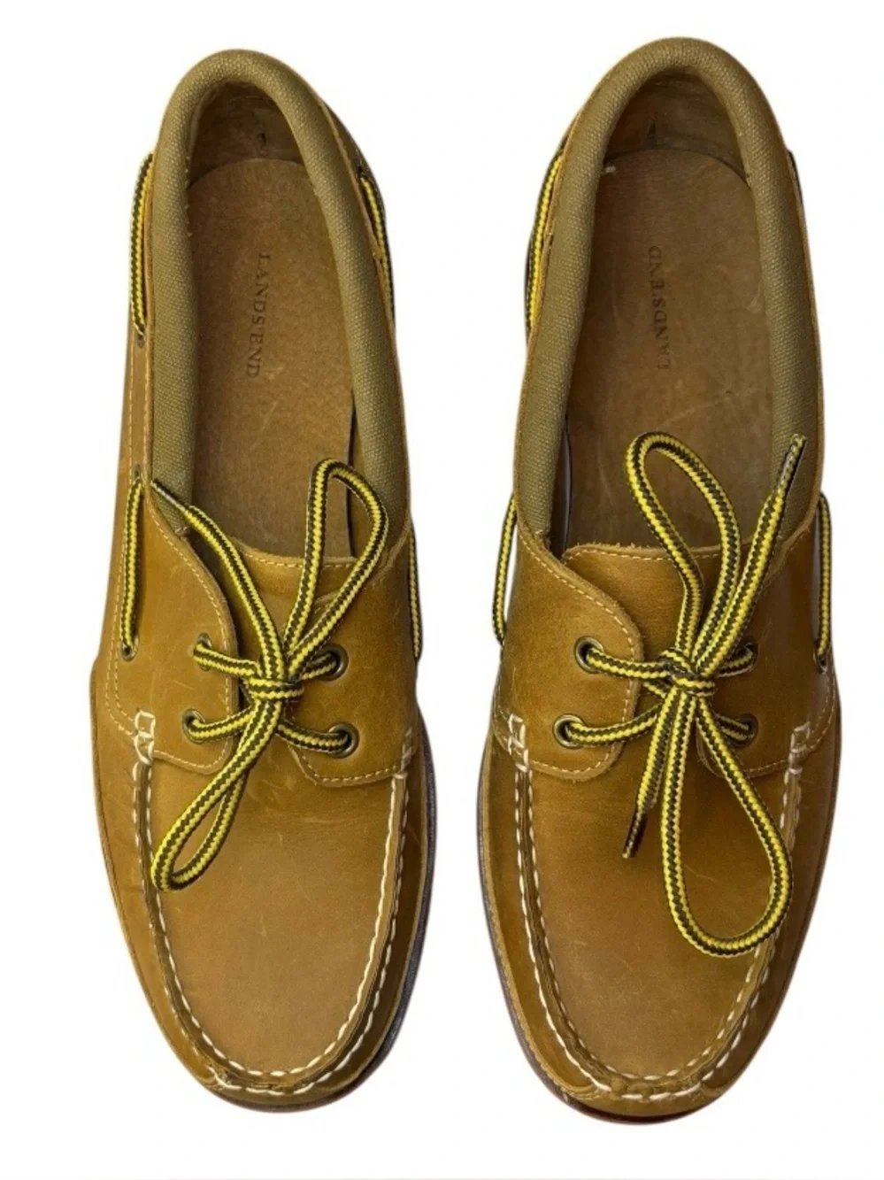 LANDSEND NWOT Mens Leather Boat Shoes Moccasins Grippy Sole Rugged Construction